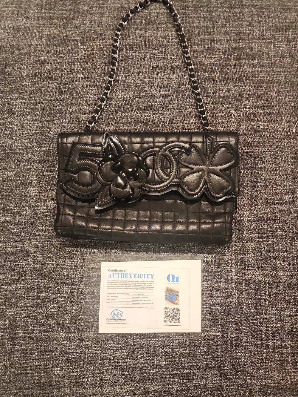 CHANEL Black Square QUilted Lambskin No 5 Camelia Flap Bag